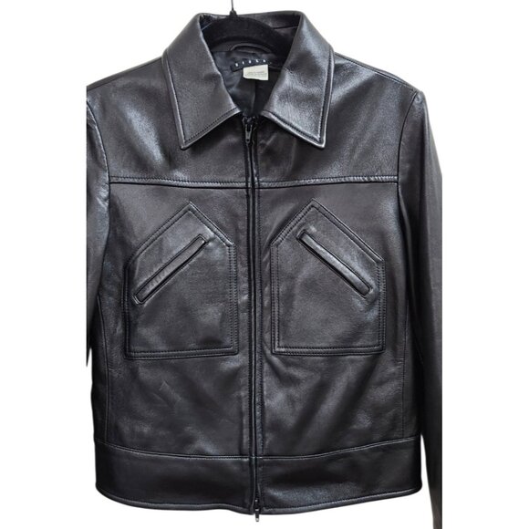 SISLEY Women’s Black Leather Moto Jacket Zip Front Diagonal Pockets Classic 44 - Picture 3 of 12